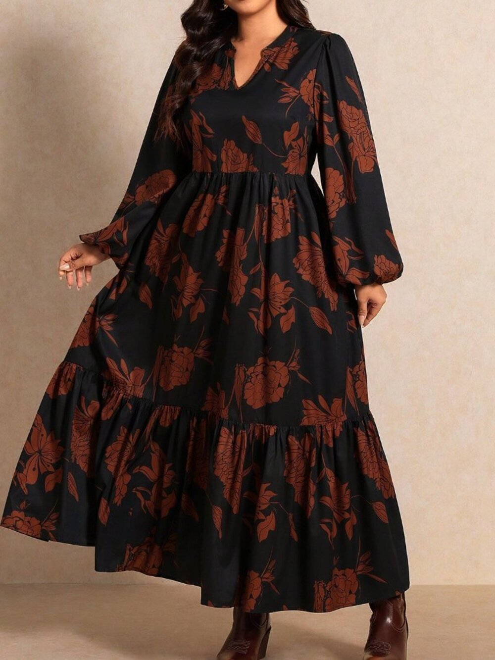 Multicolor Elegant Women's Plus Size Floral V-Neck Long A-Line Dress - Picture 4 of 7